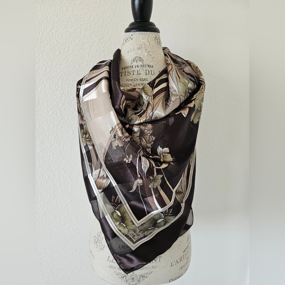 Vintage Fashion Bando Scarf - Brown & Olive Floral Print - Made in Korea